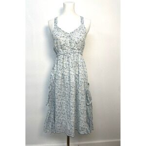 Blue Sky Dress Womens Boho Floral Peasant Summer Dress Ruffles Pockets Lined Lg